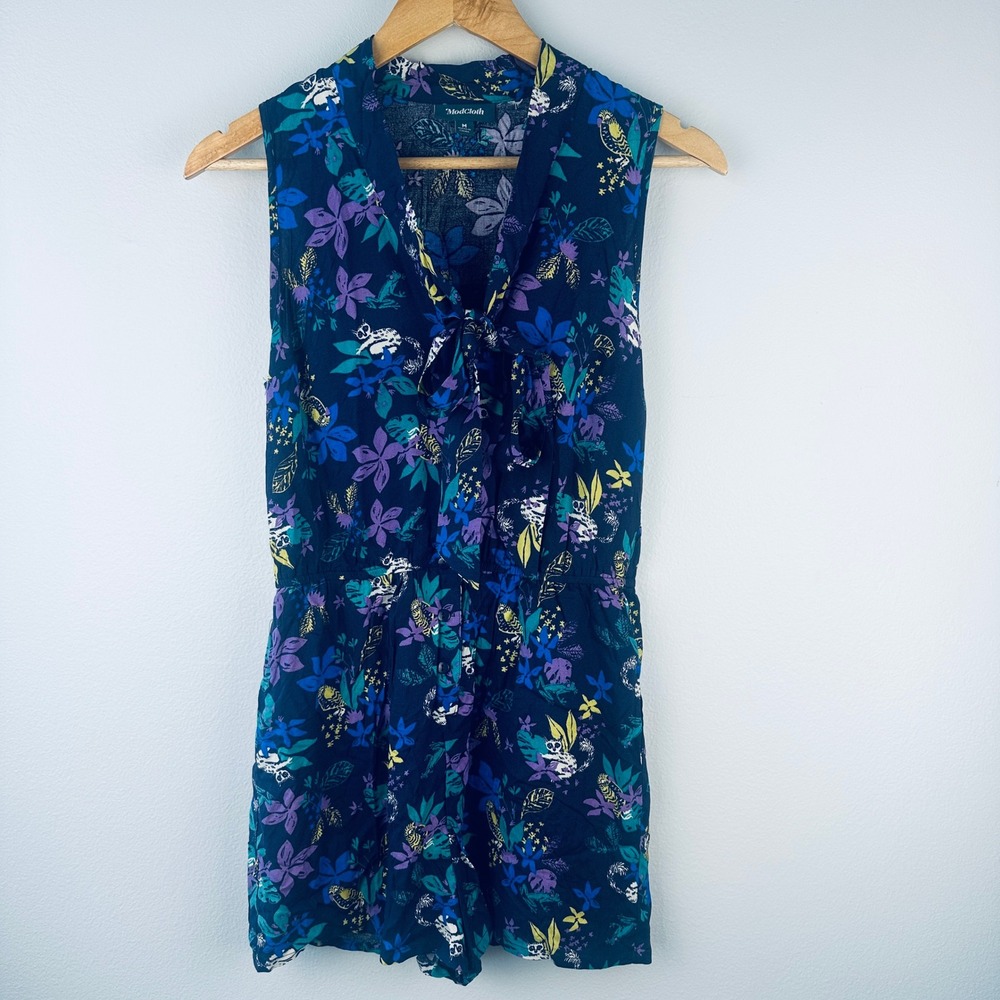 ModCloth Sleeveless Romper Navy Blue Floral Lemur Tie Neck Medium